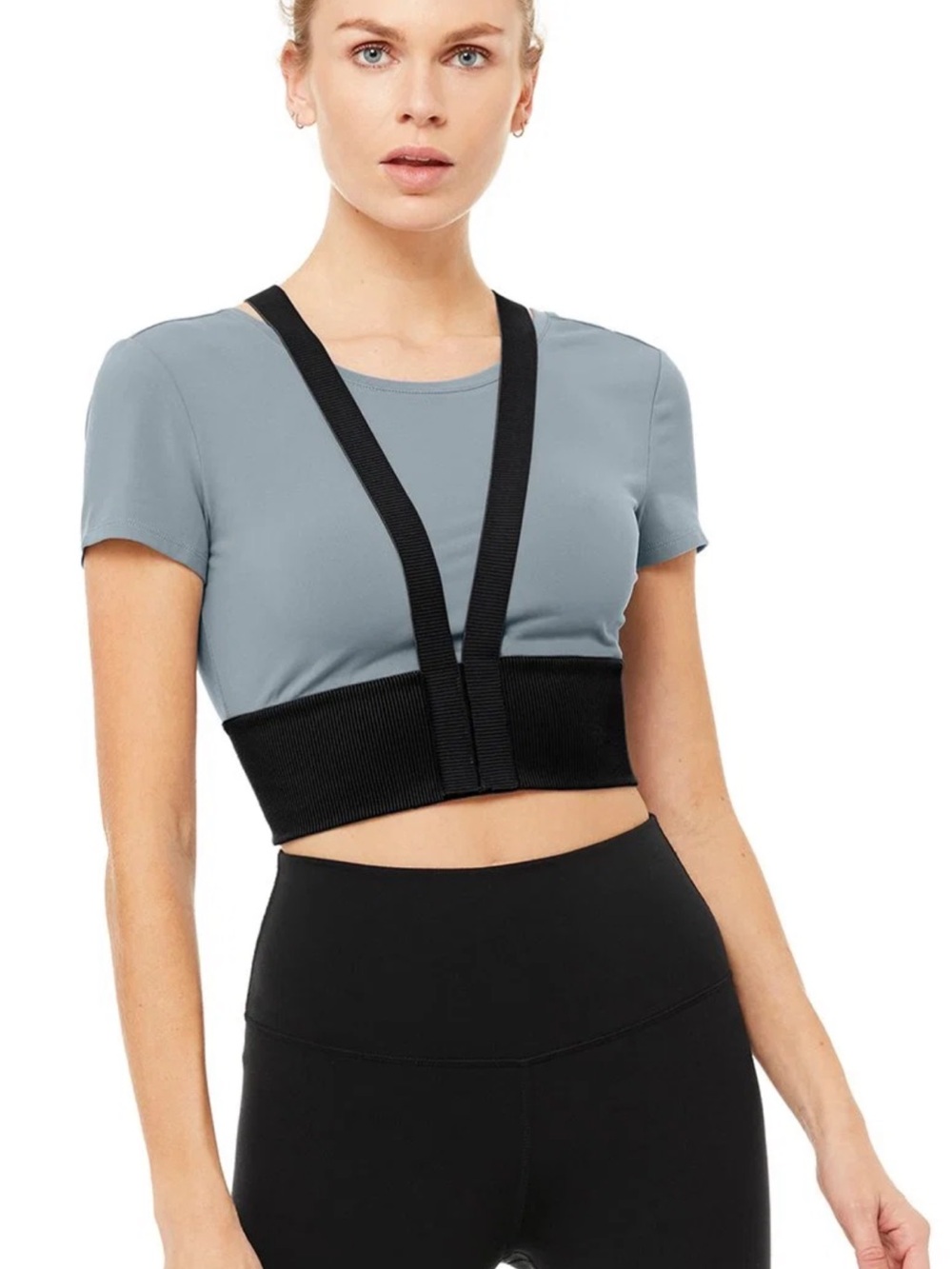 ALO Yoga Slate Cropped Short Sleeve Top with Black Support Bands